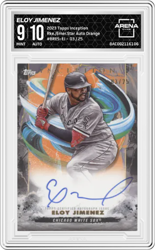 Eloy Jimenez from the 2023 Topps Inception set featuring a Orange parallel graded by Arena Club and given an overall grade of 9.