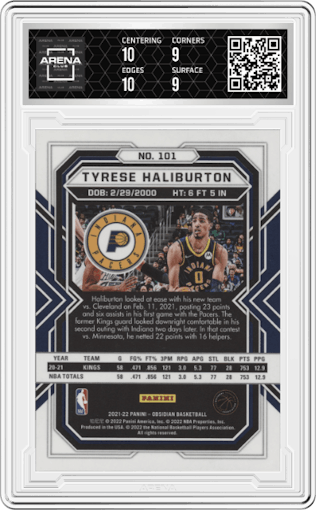 Tyrese Haliburton from the 2021-22 Panini Obsidian set graded by Arena Club and given an overall grade of 9.5.