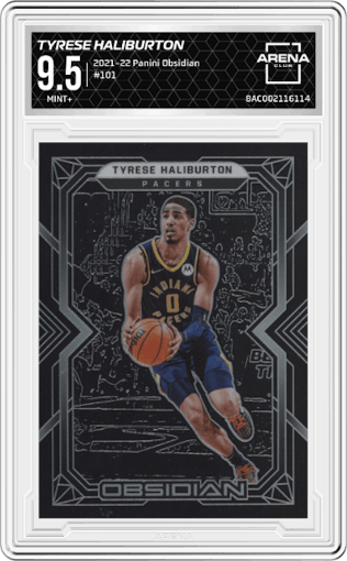 Tyrese Haliburton from the 2021-22 Panini Obsidian set graded by Arena Club and given an overall grade of 9.5.