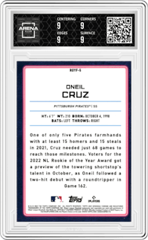 Oneil Cruz from the 2022 Bowman set graded by Arena Club and given an overall grade of 9.