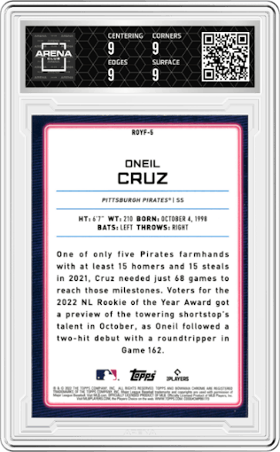 Oneil Cruz from the 2022 Bowman set graded by Arena Club and given an overall grade of 9.