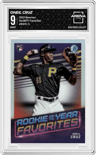 Oneil Cruz from the 2022 Bowman set graded by Arena Club and given an overall grade of 9.