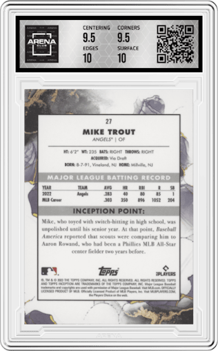 Mike Trout from the 2023 Topps Inception set graded by Arena Club and given an overall grade of 10.