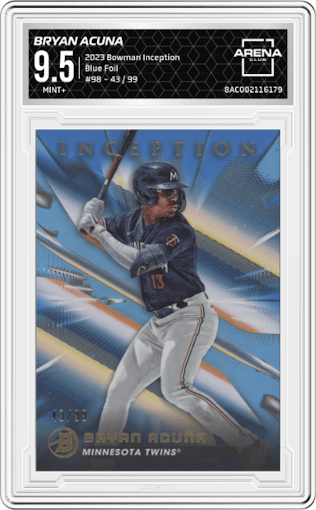 Bryan Acuna from the 2023 Bowman Inception set featuring a Blue Foil parallel graded by Arena Club and given an overall grade of 9.5.