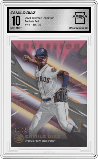 Camilo Diaz from the 2023 Bowman Inception set featuring a Fuchsia Foil parallel graded by Arena Club and given an overall grade of 10.