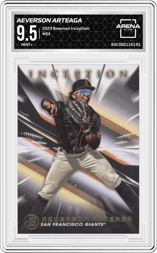 Aeverson Arteaga from the 2023 Bowman Inception set graded by Arena Club and given an overall grade of 9.5.