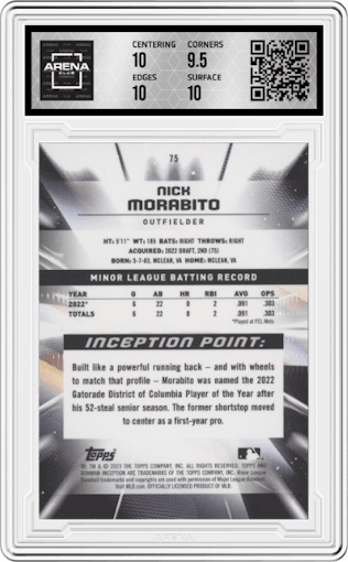 Nick Morabito from the 2023 Bowman Inception set graded by Arena Club and given an overall grade of 10.