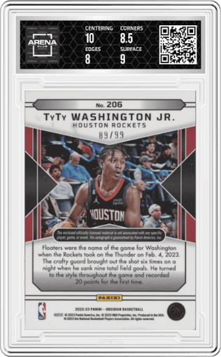 Tyty Washington Jr. from the 2022-23 Panini Obsidian set graded by Arena Club and given an overall grade of 8.5.