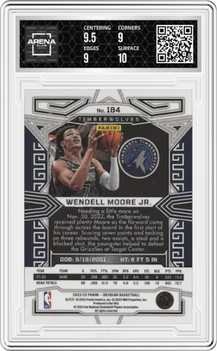 Wendell Moore Jr.  from the 2022-23 Panini Obsidian set graded by Arena Club and given an overall grade of 9.5.