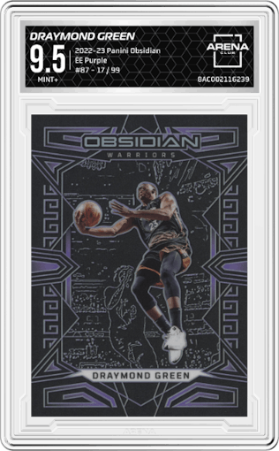 Draymond Green from the 2022-23 Panini Obsidian set featuring a Electric Etch Purple parallel graded by Arena Club and given an overall grade of 9.5.