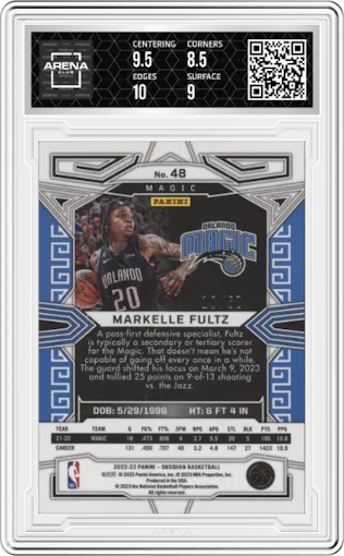 Markelle Fultz from the 2022-23 Panini Obsidian set featuring a Electric Etch Orange parallel graded by Arena Club and given an overall grade of 9.