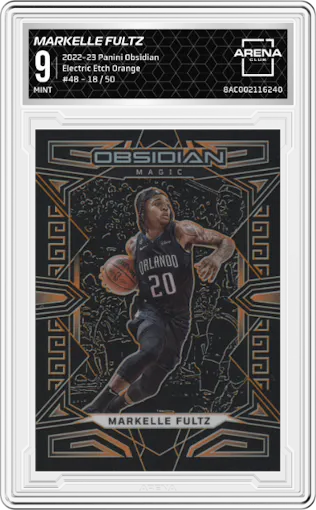 Markelle Fultz from the 2022-23 Panini Obsidian set featuring a Electric Etch Orange parallel graded by Arena Club and given an overall grade of 9.