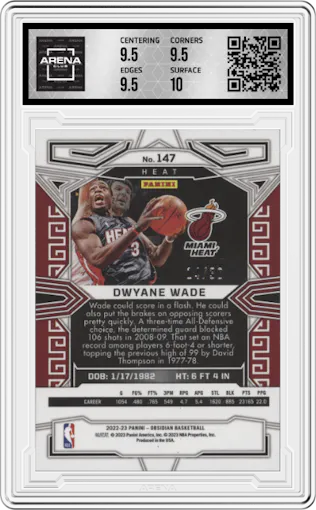 Dwyane Wade from the 2022-23 Panini Obsidian set featuring a Electric Etch Blue parallel graded by Arena Club and given an overall grade of 10.