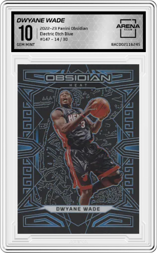 Dwyane Wade from the 2022-23 Panini Obsidian set featuring a Electric Etch Blue parallel graded by Arena Club and given an overall grade of 10.