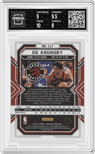 OG Anunoby from the 2021-22 Panini Obsidian set graded by Arena Club and given an overall grade of 8.5.
