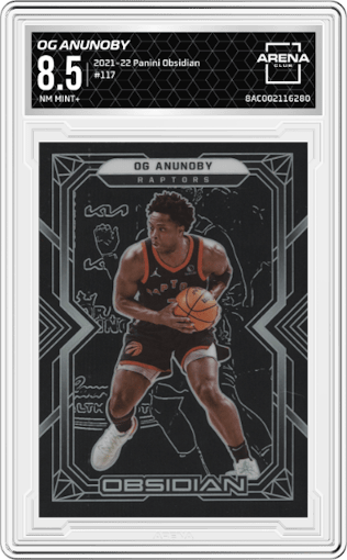 OG Anunoby from the 2021-22 Panini Obsidian set graded by Arena Club and given an overall grade of 8.5.