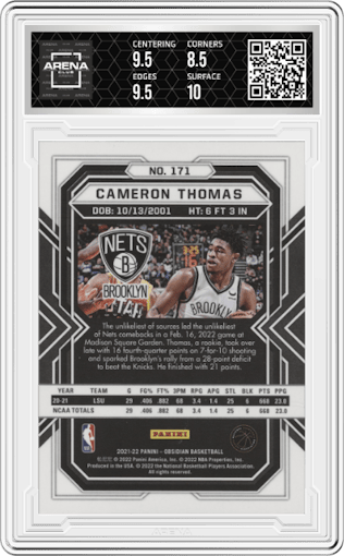 Cameron Thomas from the 2021-22 Panini Obsidian set featuring a Electric Etch Orange parallel graded by Arena Club and given an overall grade of 9.