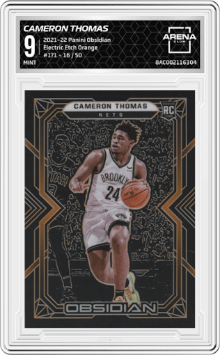 Cameron Thomas from the 2021-22 Panini Obsidian set featuring a Electric Etch Orange parallel graded by Arena Club and given an overall grade of 9.