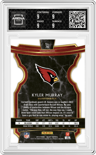 Kyler Murray from the 2019 Panini Select  set graded by Arena Club and given an overall grade of 9.