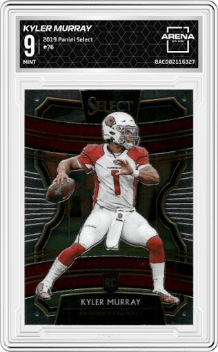 Kyler Murray from the 2019 Panini Select  set graded by Arena Club and given an overall grade of 9.