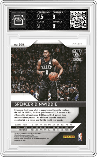 Spencer Dinwiddie from the 2018-19 Panini Prizm set featuring a Silver Prizm parallel graded by Arena Club and given an overall grade of 9.