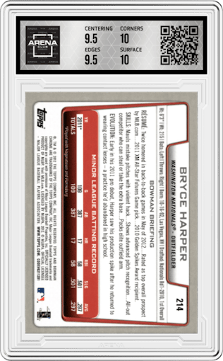 Bryce Harper from the 2012 Bowman Chrome  set graded by Arena Club and given an overall grade of 10.