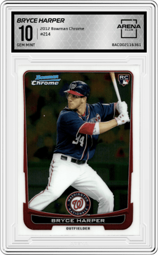 Bryce Harper from the 2012 Bowman Chrome  set graded by Arena Club and given an overall grade of 10.