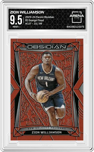 Zion Williamson from the 2023-24 Panini Obsidian set featuring a Electric Etch Orange Flood parallel graded by Arena Club and given an overall grade of 9.5.