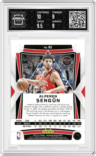 Alperen Sengun from the 2023-24 Panini Obsidian set featuring a Electric Etch Orange Flood parallel graded by Arena Club and given an overall grade of 9.5.