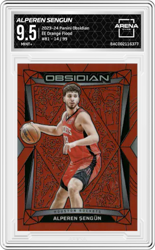 Alperen Sengun from the 2023-24 Panini Obsidian set featuring a Electric Etch Orange Flood parallel graded by Arena Club and given an overall grade of 9.5.