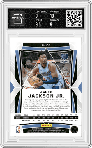 Jaren Jackson Jr. from the 2023-24 Panini Obsidian set featuring a Electric Etch Deep Sea Mojo parallel graded by Arena Club and given an overall grade of 9.5.