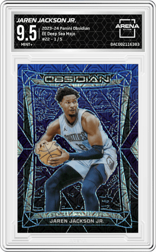 Jaren Jackson Jr. from the 2023-24 Panini Obsidian set featuring a Electric Etch Deep Sea Mojo parallel graded by Arena Club and given an overall grade of 9.5.