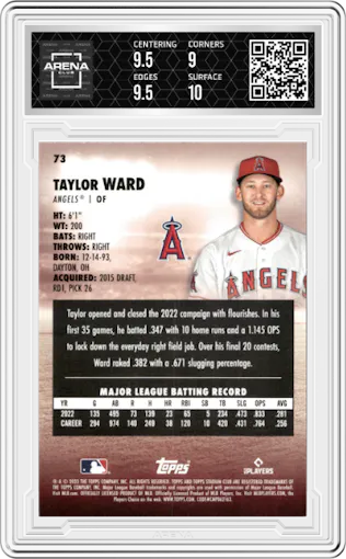 Taylor Ward from the 2023 Topps Stadium Club set featuring a Red Foil parallel graded by Arena Club and given an overall grade of 9.5.