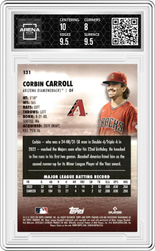 Corbin Carroll from the 2023 Topps Stadium Club set graded by Arena Club and given an overall grade of 8.5.