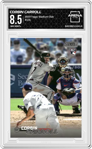 Corbin Carroll from the 2023 Topps Stadium Club set graded by Arena Club and given an overall grade of 8.5.