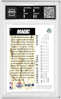 Shaquille O'Neal  from the 1992-93 Upper Deck  set graded by Arena Club and given an overall grade of 8.5.