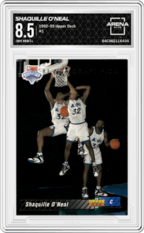 Shaquille O'Neal  from the 1992-93 Upper Deck  set graded by Arena Club and given an overall grade of 8.5.