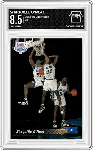 Shaquille O'Neal  from the 1992-93 Upper Deck  set graded by Arena Club and given an overall grade of 8.5.