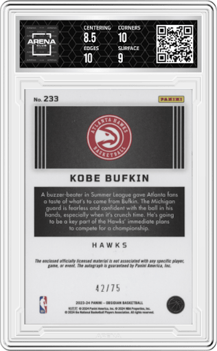 Kobe Bufkin from the 2023-24 Panini Obsidian set featuring a Electric Etch Orange Flood parallel graded by Arena Club and given an overall grade of 9.