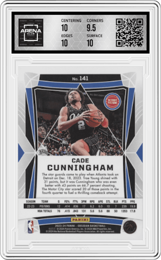 Cade Cunningham from the 2023-24 Panini Obsidian set graded by Arena Club and given an overall grade of 10.