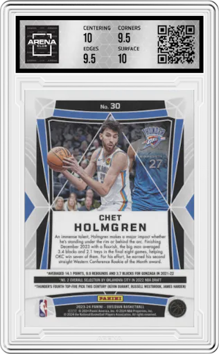 Chet Holmgren from the 2023-24 Panini Obsidian set graded by Arena Club and given an overall grade of 10.