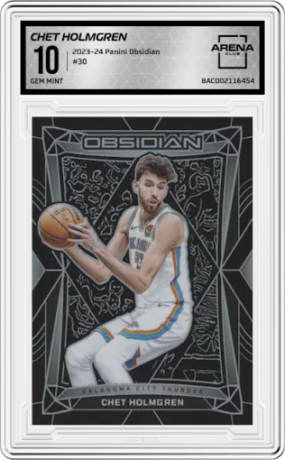 Chet Holmgren from the 2023-24 Panini Obsidian set graded by Arena Club and given an overall grade of 10.