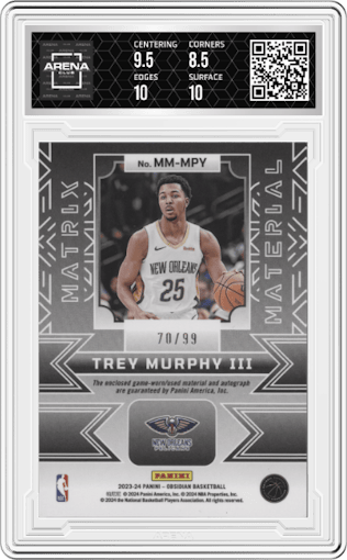 Trey Murphy III from the 2023-24 Panini Obsidian set graded by Arena Club and given an overall grade of 9.