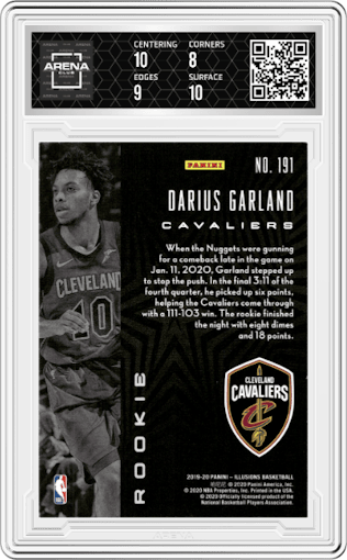 Darius Garland from the 2019-20 Panini Illusions set featuring a Trophy Collection Gold parallel graded by Arena Club and given an overall grade of 8.5.