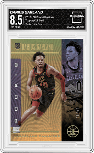 Darius Garland from the 2019-20 Panini Illusions set featuring a Trophy Collection Gold parallel graded by Arena Club and given an overall grade of 8.5.