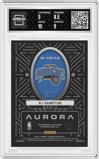 RJ Hampton from the 2021-22 Panini Obsidian set featuring a Electric Etch Purple parallel graded by Arena Club and given an overall grade of 9.