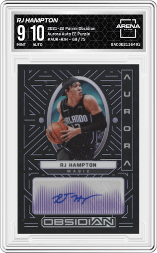 RJ Hampton from the 2021-22 Panini Obsidian set featuring a Electric Etch Purple parallel graded by Arena Club and given an overall grade of 9.