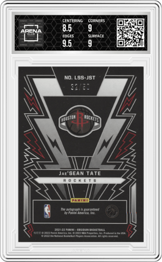 Jae'Sean Tate from the 2021-22 Panini Obsidian set featuring a Electric Etch Orange parallel graded by Arena Club and given an overall grade of 9.