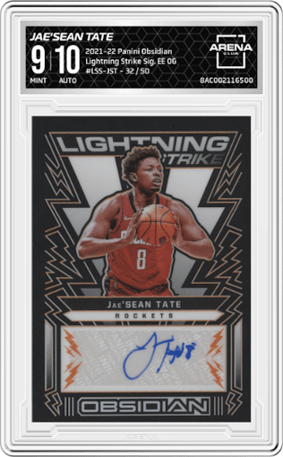 Jae'Sean Tate from the 2021-22 Panini Obsidian set featuring a Electric Etch Orange parallel graded by Arena Club and given an overall grade of 9.