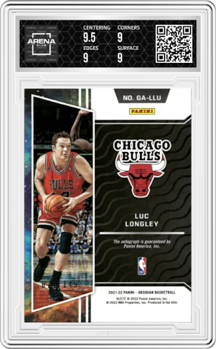 Luc Longley from the 2021-22 Panini Obsidian set graded by Arena Club and given an overall grade of 9.